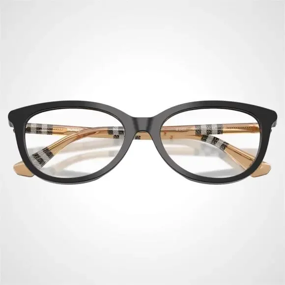 New Burberry Eyeglasses Black Cat Eye Check Sand Arms 54-17-140 w/ Box & Case - Picture 5 of 7